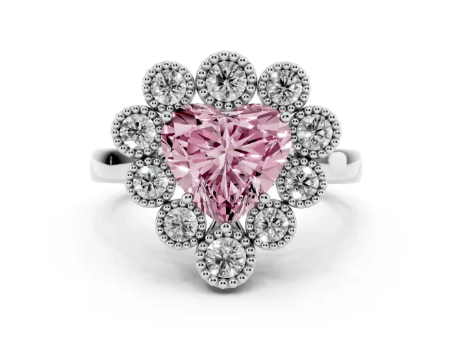 Fancy Pink Heart Cut Diamond Cluster Halo Ring Set in Platinum with Milgrain Bezel Accents and Plain Band