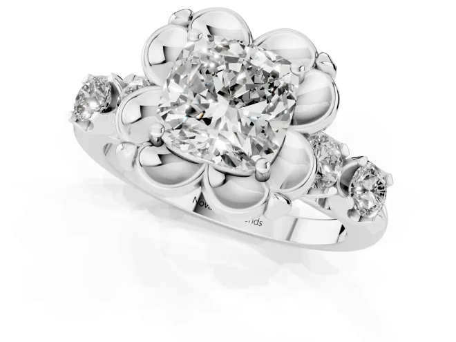 Cushion Cut Floral Engagement Ring Setting | Petal Frame and Side Stones | Sterling Silver – second view