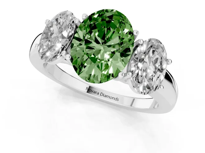 Fancy Green Oval Cut Diamond Three-Stone Ring Set in Silver with Bold Center and Classic Band – second view