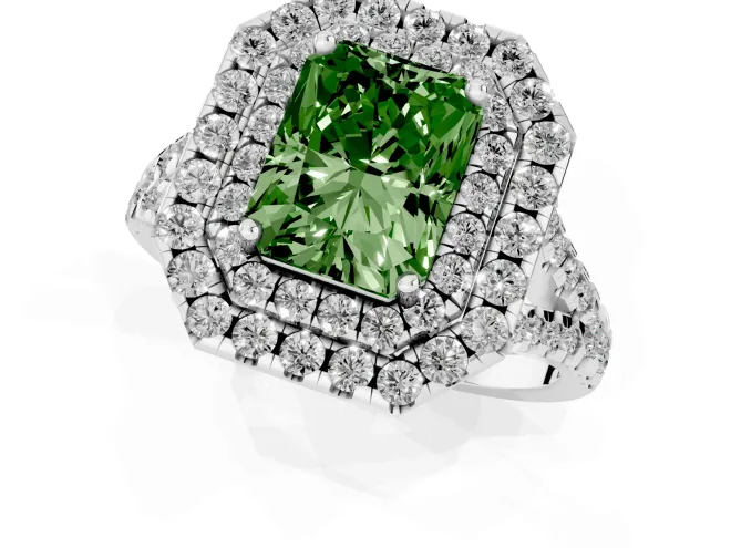 Fancy Green Radiant Cut Diamond Double Halo Ring Set in Silver with Pavé Split Shank and Prong Setting – second view