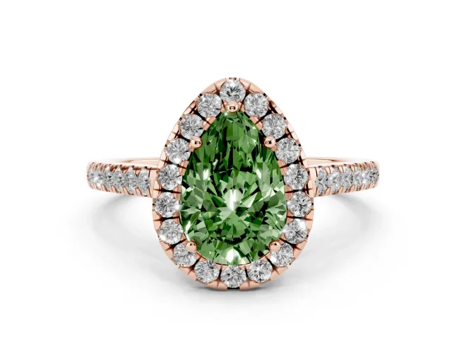 Fancy Green Pear Cut Diamond Halo Pavé Engagement Ring Set in Rose gold with Prong Setting