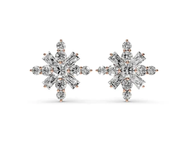 Round Lab-Grown Diamond Snowflake Cluster Stud Earrings | Tapered Baguette Points | Rose Gold