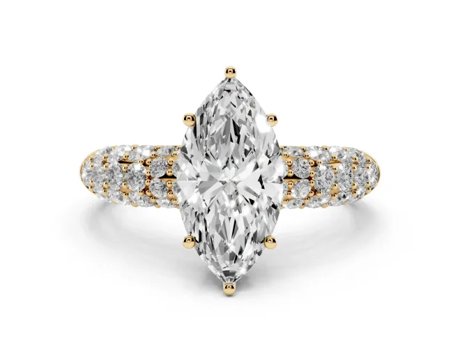 Marquise Cut Diamond Pavé Band Solitaire Ring Set in Yellow gold with Close-Set Accent Stones and Prong Setting