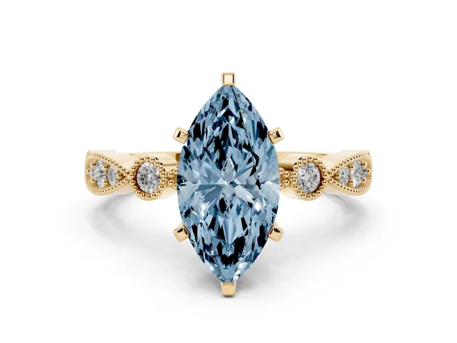 Fancy Blue Marquise Cut Diamond Solitaire Engagement Ring Set in Yellow gold with Milgrain Bezel Accent Band