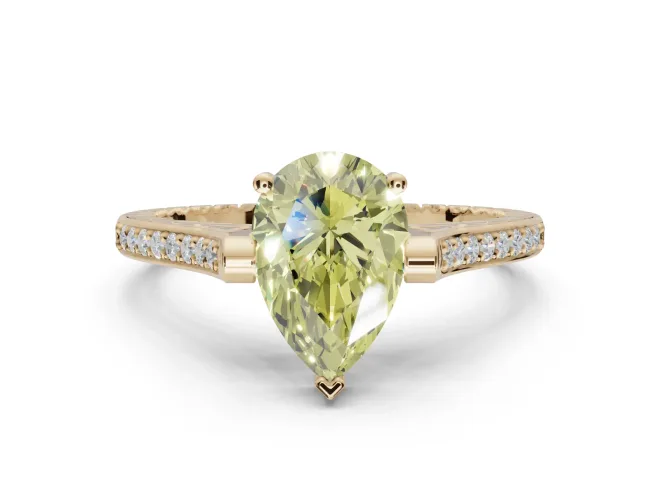 Pear-Shaped Vintage Cathedral Engagement Ring Setting for a Fancy Yellow Lab-Grown Diamond | Carved Band | Yellow Gold