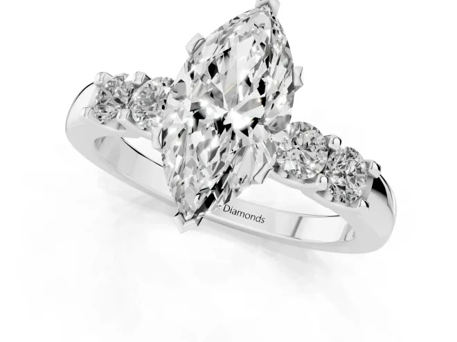 Marquise Cut Diamond Five-Stone Prong Set Engagement Ring Set in White gold with Channel Band – second view
