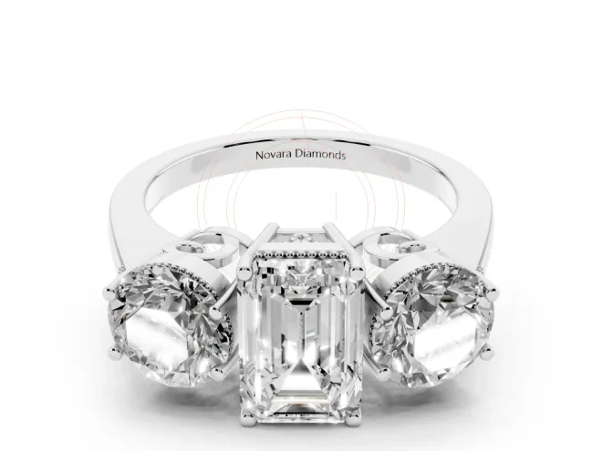 Emerald Cut Diamond Three-Stone Engagement Ring Set in White gold with Polished Band
