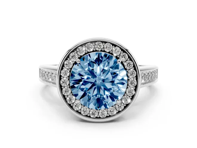 Round Rimmed Halo Engagement Ring Setting for a Fancy Blue Lab-Grown Diamond | White Gold