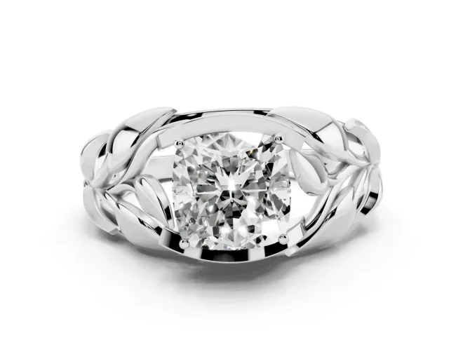 Cushion Cut Diamond Leaf-Inspired Engagement Ring Set in White gold with Round Accents