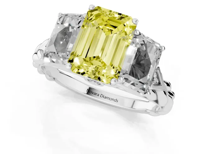 Fancy Yellow Emerald Cut Diamond Three-Stone Ring Set in Silver with Braided Band – second view