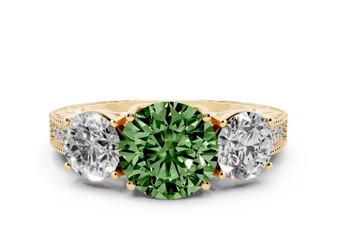 Round Vintage Three Stone Engagement Ring Setting for a Fancy Green Lab-Grown Diamond | Yellow Gold