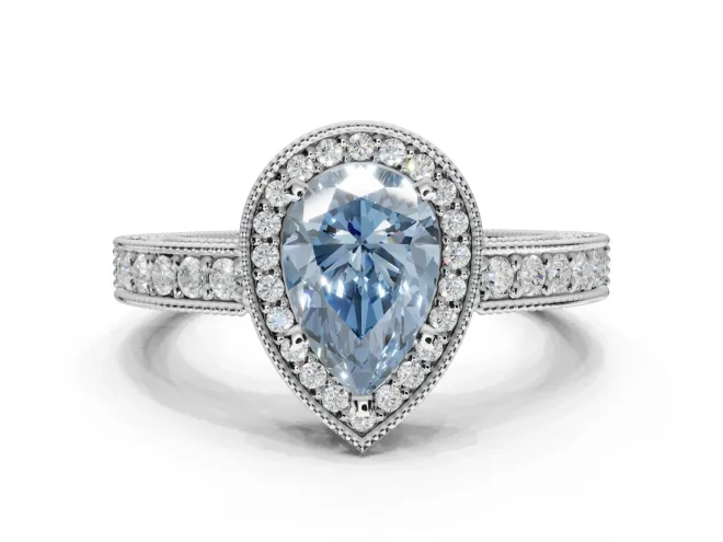 Pear-Shaped Milgrain Halo Engagement Ring Setting for a Fancy Blue Lab-Grown Diamond | Wide Pavé Band | White Gold