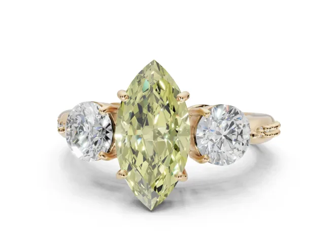 Marquise Three Stone Engagement Ring Setting for a Fancy Yellow Lab-Grown Diamond | Tapered Pavé Band | Yellow Gold