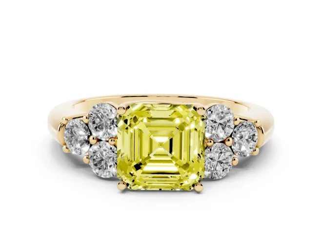 Asscher Cut Side Stone Engagement Ring Setting for a Fancy Yellow Lab-Grown Diamond | Yellow Gold