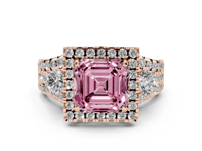 Asscher Cut Halo Split Shank Engagement Ring Setting for a Fancy Pink Lab-Grown Diamond | Round Side Stones | Rose Gold