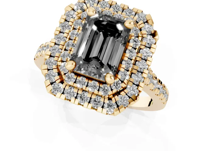 Fancy Black Emerald Cut Diamond Double Halo Statement Ring Set in Yellow gold with Pavé Band – second view