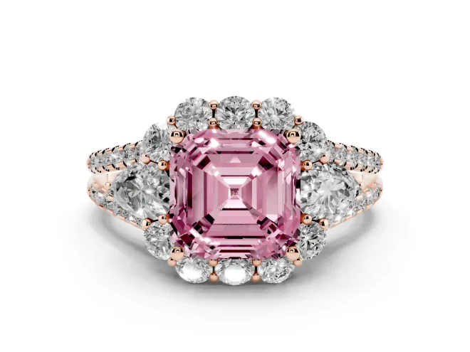 Asscher Cut Scalloped Halo Engagement Ring Setting for a Fancy Pink Lab-Grown Diamond | Pear Side Stones | Rose Gold