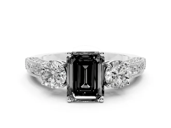 Emerald Cut Three Stone Engagement Ring Setting for a Black Center | Graduated Pavé Band | Platinum