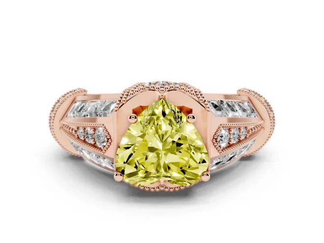 Fancy Yellow Heart Cut Diamond Vintage-Inspired Milgrain Ring Set in Rose gold with Accent Split Shank