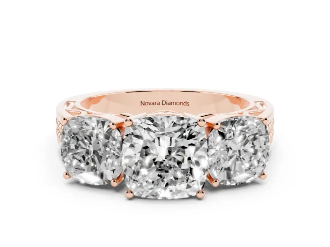 Cushion Cut Three Stone Engagement Ring Setting | Beaded Shoulders | Rose Gold