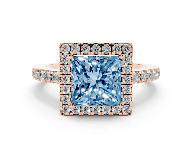 Princess Cut Halo Engagement Ring Setting for a Fancy Blue Lab-Grown Diamond | Pavé Band | Rose Gold