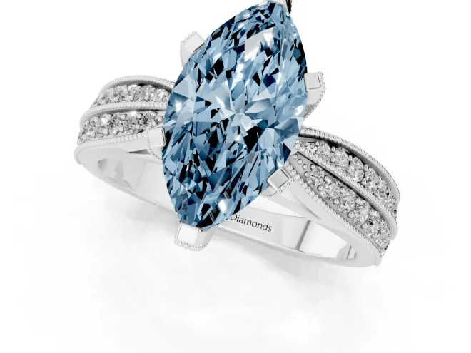 Fancy Blue Marquise Cut Diamond Solitaire Ring Set in White gold with Milgrain Double Row Round Pavé Band – second view