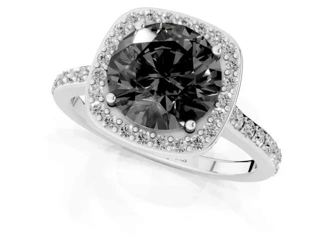Fancy Black Round Cut Diamond Halo Engagement Ring Set in Silver with Round Pavé Shoulders and Heart Gallery – second view