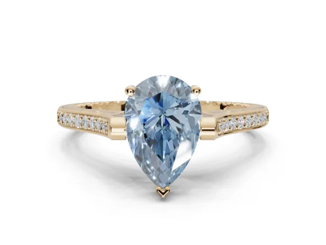 Pear-Shaped Vintage Cathedral Engagement Ring Setting for a Fancy Blue Lab-Grown Diamond | Carved Band | Yellow Gold