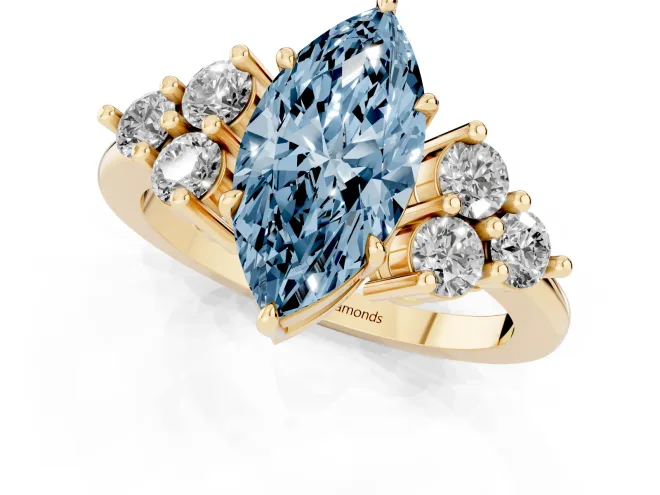 Fancy Blue Marquise Cut Diamond Solitaire Ring Set in Yellow gold with Cluster Accents on Each Side – second view