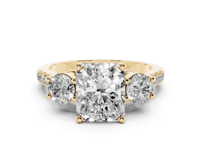 Radiant Cut Three-Stone Pavé Engagement Ring Setting | Round Side Stones | Yellow Gold