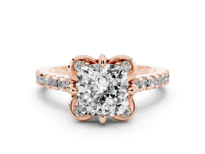 Cushion Cut Diamond Solitaire Ring Set in Rose gold with Pavé Band and Floral Prong Setting