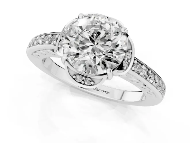 Round Cut Diamond Halo Ring Set in Silver with Channel Set Band and Prong Setting – second view