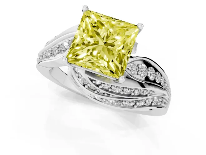 Fancy Yellow Princess Cut Diamond Solitaire Ring Set in White gold with Layered Twist Pavé Band – second view
