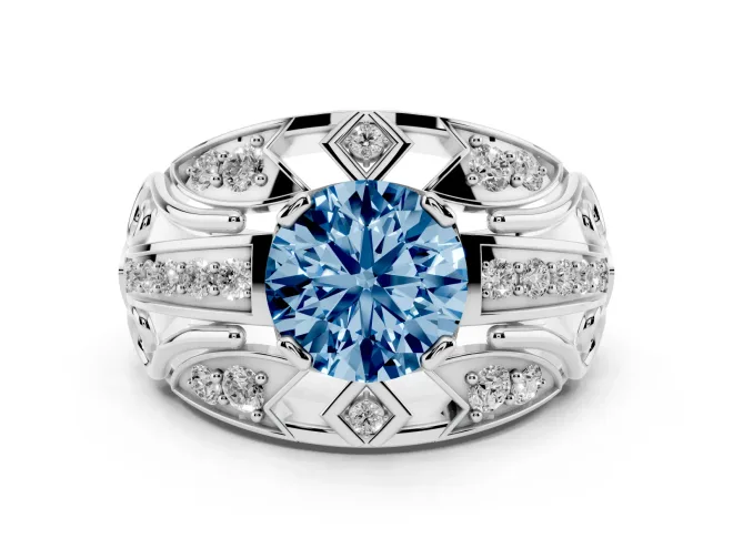 Fancy Blue Round Cut Diamond Art Deco Ring Set in White gold with Pavé Split Shank