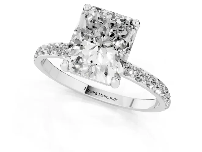 Radiant Cut Diamond Solitaire Ring Set in Silver with Round Pavé Band and Prong Setting – second view