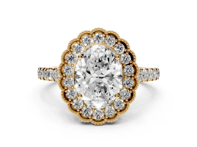 Oval Vintage Milgrain Floral Halo Engagement Ring Setting | Pavé Band | Yellow Gold