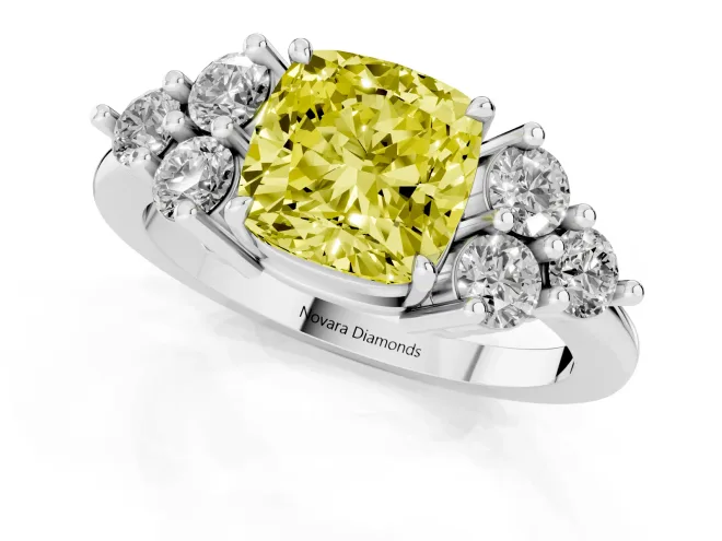 Fancy Yellow Cushion Cut Diamond Solitaire Ring Set in Platinum with Cluster Accents on Each Side – second view