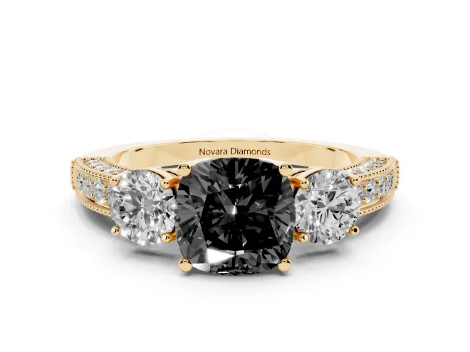 Fancy Black Cushion Cut Diamond Three-Stone Ring Set in Yellow gold with Round Side Stones and Pavé Band