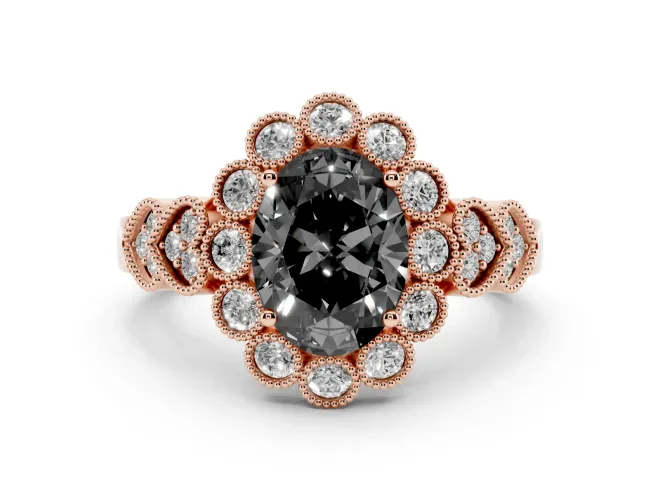 Oval Scalloped Halo Engagement Ring Setting for a Black Center | Heart Pavé Band | Rose Gold