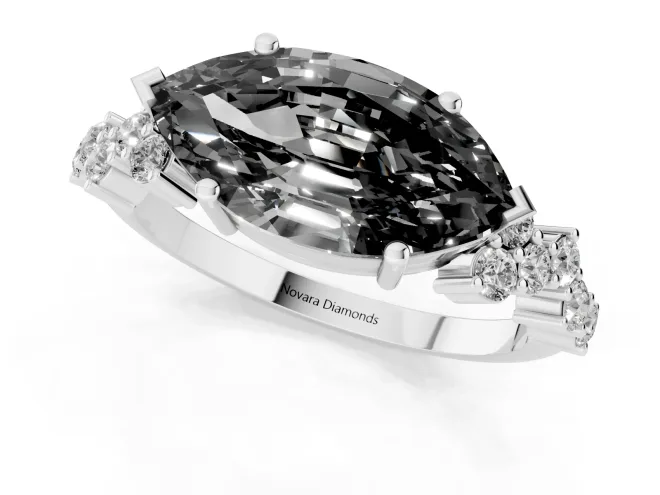 Fancy Black Marquise Cut Diamond Ring Set in Platinum with Scattered Round Accents – second view