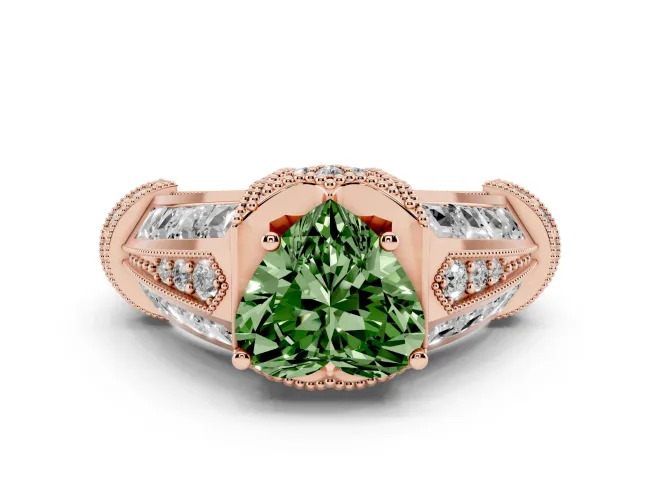 Fancy Green Heart Cut Diamond Vintage-Inspired Milgrain Ring Set in Rose gold with Accent Split Shank