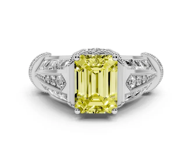 Fancy Yellow Emerald Cut Diamond Vintage-Inspired Milgrain Ring Set in White gold with Accent Split Shank