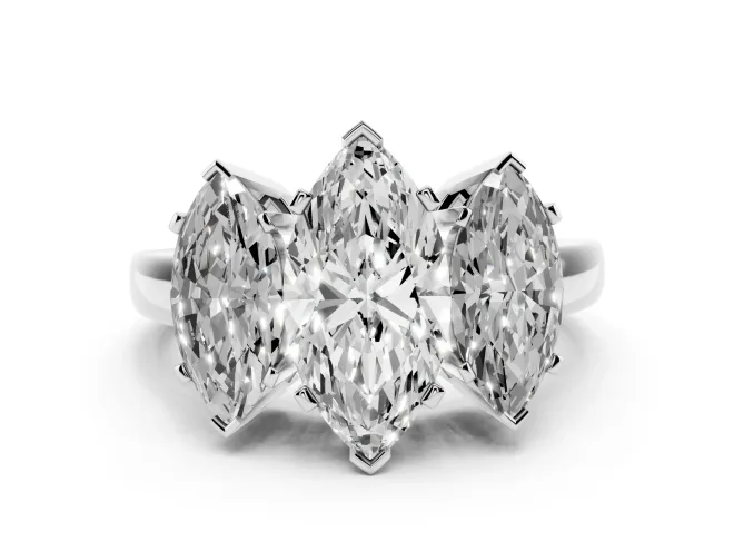 Marquise Cut Diamond Three-Stone Ring Set in White gold with Channel-Set Band and Prong Settings