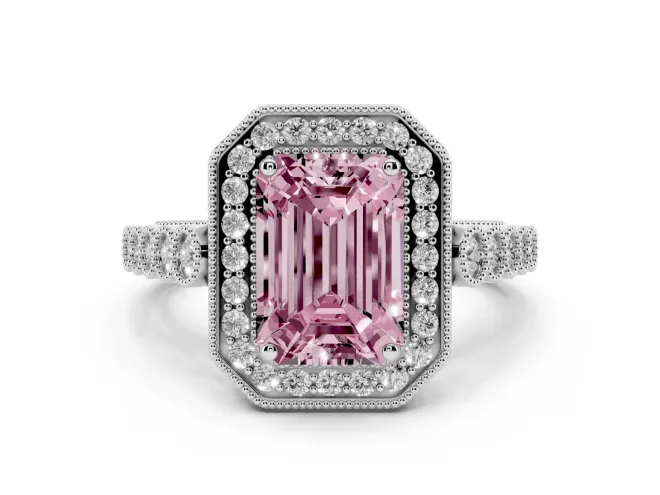 Fancy Pink Emerald Cut Diamond Milgrain Halo Solitaire Ring Set in Platinum with Bezel Set Side Stones and Pavé Band