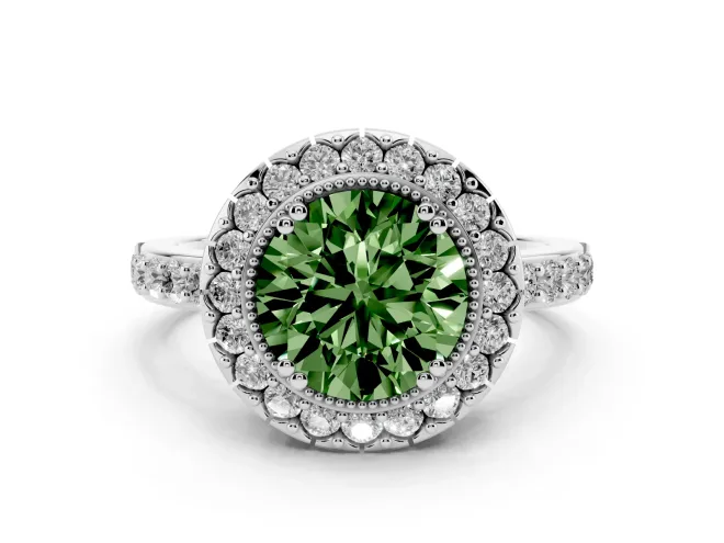 Fancy Green Round Cut Diamond Halo Ring Set in Platinum with Pavé Shank and Prong Setting