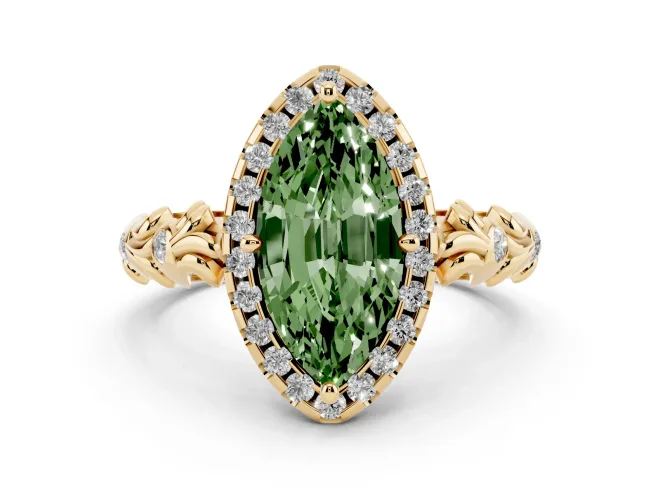 Fancy Green Marquise Cut Diamond Halo Ring Set in Yellow gold with Filigree Leaf Band and Prong Setting