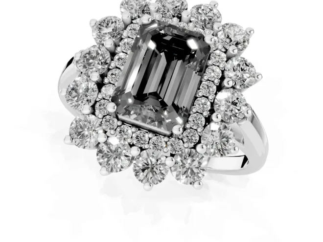 Fancy Black Emerald Cut Diamond Floral Double Halo Ring Set in White gold with Round Petals – second view