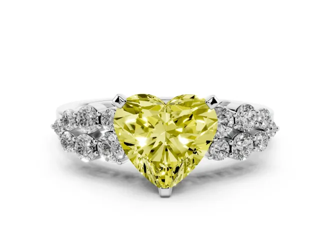 Heart-Shaped Side Stone Engagement Ring Setting for a Fancy Yellow Lab-Grown Diamond | Shoulder Clusters | White Gold