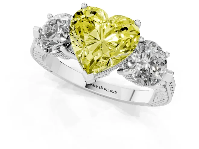 Fancy Yellow Heart Cut Diamond Three-Stone Ring Set in White gold with Milgrain Band – second view