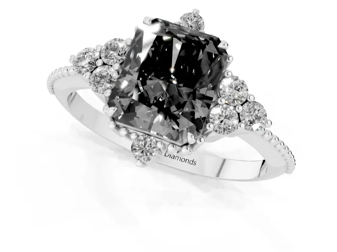 Fancy Black Radiant Cut Diamond Cluster Ring Set in White gold with Beaded Band – second view